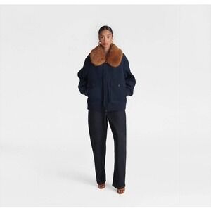 Navy Blue Wool Blend Bomber Jacket with Brown Faux Fur Collar Oversized Zip Up M